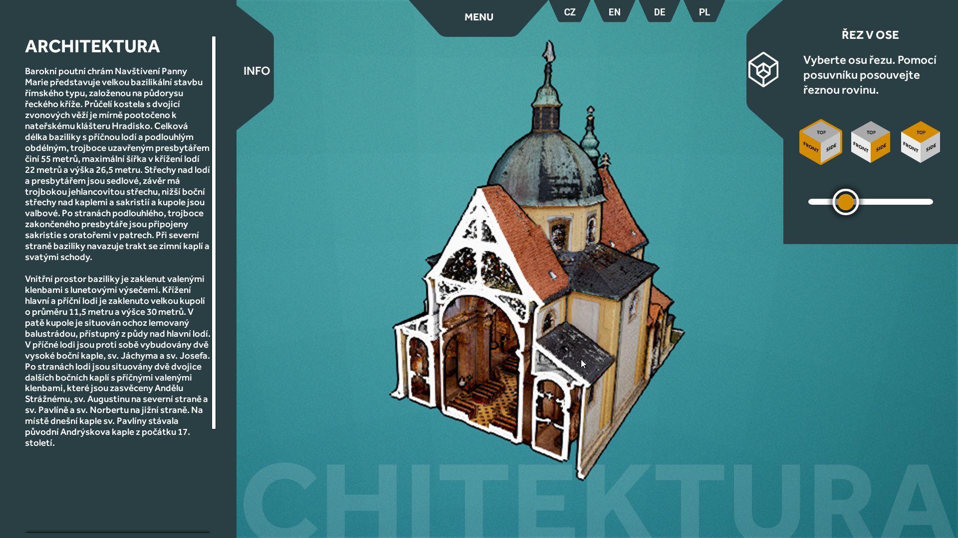Ukázka z projetku digitalizace: ez bazilikou na Svatém Kopeku, pístupná v kiosku pi prohlídce baziliky.