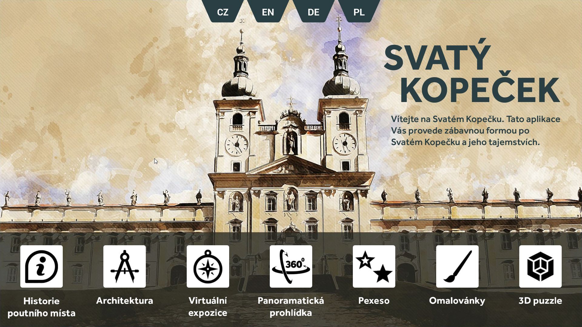 Aplikace Svatý Kopeek, která je pístupná v kiosku v expozici na Svatém Kopeku pro návštvníky na míst.